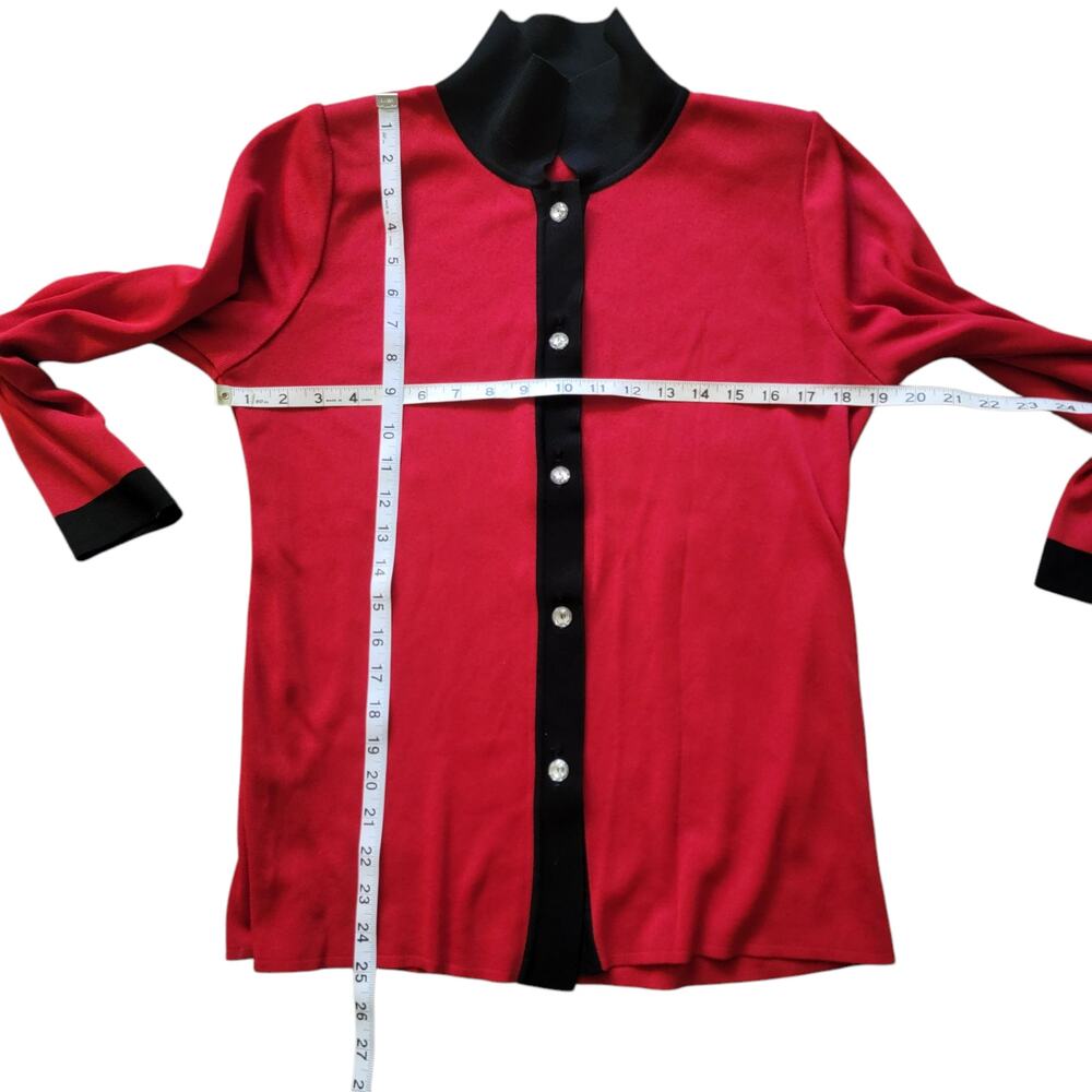 Exclusively Misook Red/Black L/S Button Up Rhinestone Collared Blouse M/L - Picture 3 of 4
